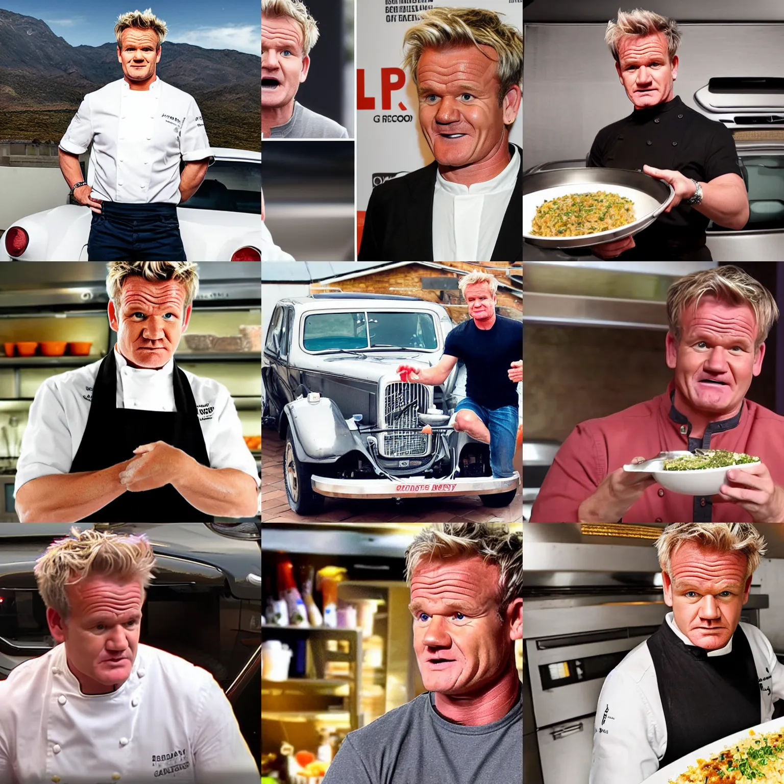 Prompt: gordon ramsey reacts to eating the perfect risotto off the hood of his car