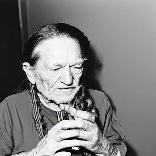 Image similar to willie nelson having a smoke backstage.