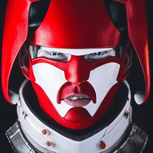 Image similar to headshot of a tall athletic muscular infantry man in glossy sleek white armor with tiny red details and a long red cape, heroic posture, strong jawline, on the surface of mars, night time, dramatic lighting, cinematic, sci-fi, hyperrealistic