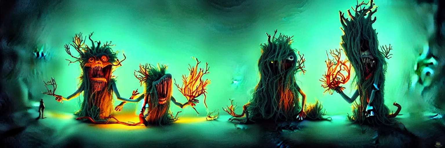 Prompt: whimsical creature freaks from the depths of the imagination, dramatic lighting from fire glow, surreal dark uncanny painting by ronny khalil