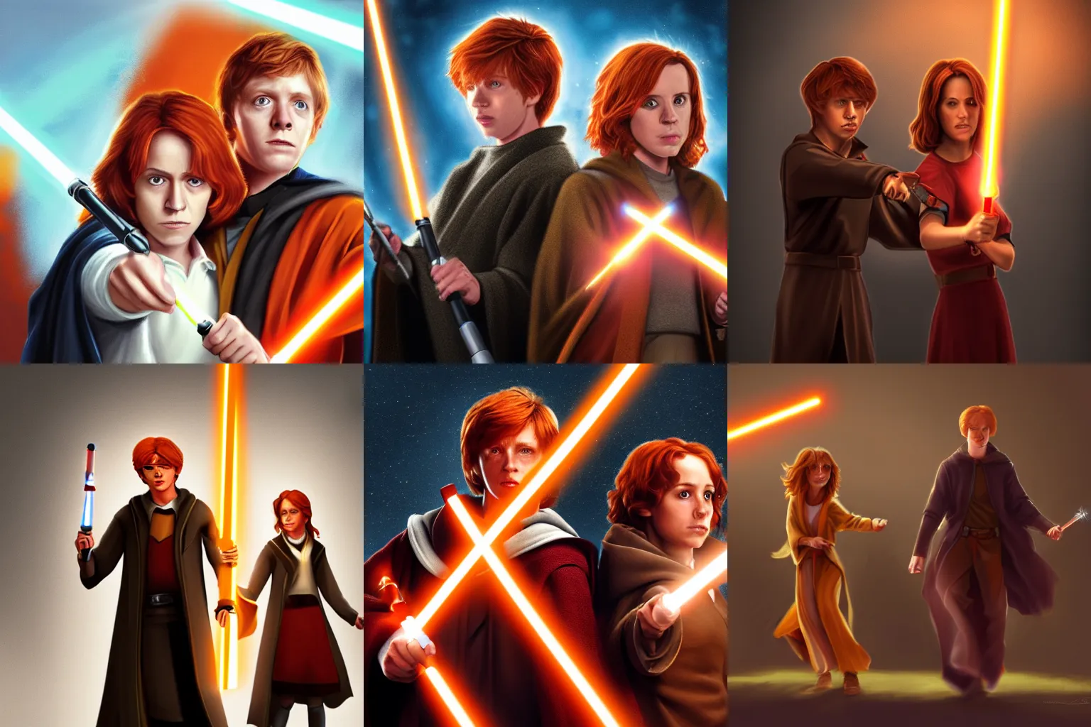 Prompt: still of a movie about the Jedi Knights Ron Weasley and Hermione Granger, they're holding orange light sabers, digital art, trending on art station