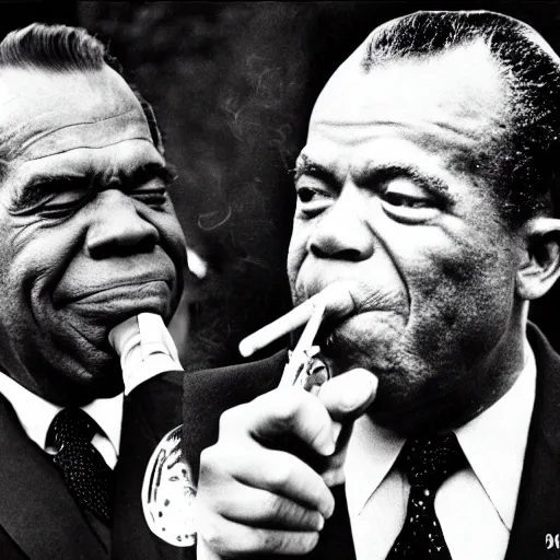 Image similar to richard nixon and louis armstrong smoking marijuana, photography, black and white, 8 k, crisp, highly detailed, high quality, high resolution