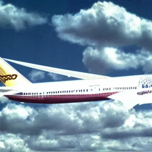 Image similar to vhs footage of a boeing 787 flying overhead