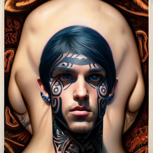 Image similar to ultra realistic portrait painting of a perfect handsome man blue eyes black hair, neck tribal snake tattoo, painted by Tristan Eaton Stanley Artgerm and Tom Bagshaw