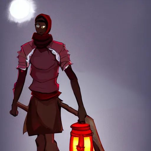 Prompt: character concept art of a young man with dark skin wearing a crimson red scarf and holding a lantern on a long stick, post apocalyptic clothing, character design