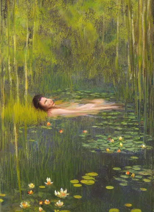 Image similar to full body portrait of a beautiful woman bathing in a shallow pond, front facing her body obscured by water lilies, aspen grove in the background, by Jeremy Mann, stylized, detailed, loose brush strokes, pastel colors, green and yellow tones