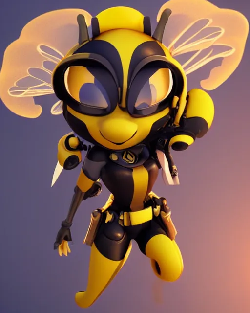 Image similar to female bumblebee mini cute style, highly detailed, rendered, ray - tracing, cgi animated, 3 d demo reel avatar, style of maple story and zootopia, maple story gun bumblebee girl, bee chibi, soft shade, soft lighting