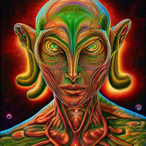 Prompt: photorealistic alien as a dmt entity in the style of alex grey, michael cheval, and michael whelan. hyperdetailed photorealism, 1 0 8 megapixels, amazing depth, high resolution, 3 d shading, 3 d finalrender, 3 d cinematic lighting, glowing rich colors, psychedelic overtones, artstation concept art.