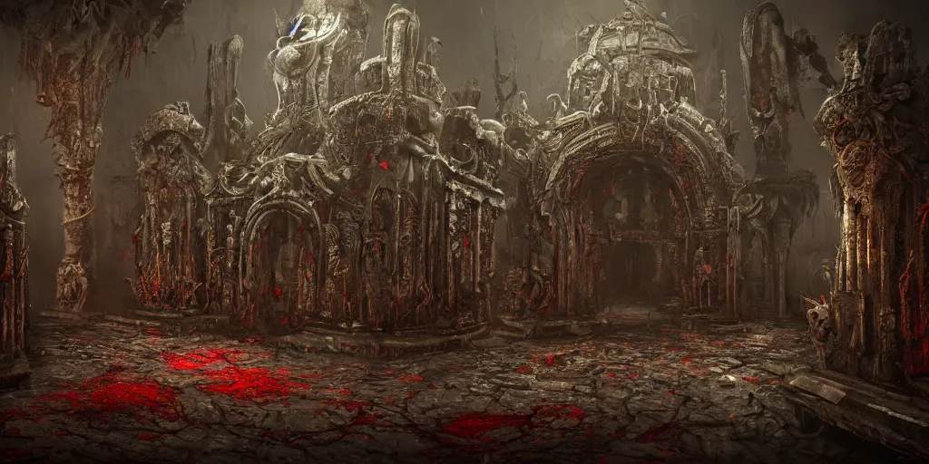 Prompt: a disturbing temple of the dead, grimdark feeling of horror, blood and flesh, in psychodelic style of Midjourney, stylized, 8k high details, detailed and intricate, elegant, ornate, horror, elite, ominous, haunting, beautiful digital painting, cinematic, cgsociety, artstation, octane render, 8k, unreal engine