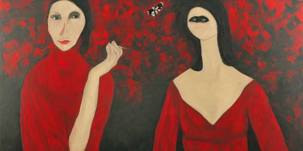 Prompt: painting, dark, woman in a red dress, no face, butterflies