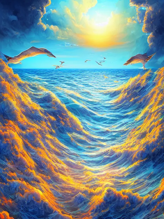 Image similar to A beautiful ultra detailed matte painting of a seascape gulls vivid colors, by Cyril Rolando, David Wiesner, unreal engine, trending on artstation