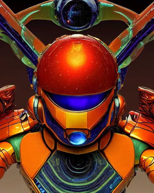 Image similar to triadic galaxy cosmic space - opera diorama bg. helmet portrait of a figurine of samus aran's orange chozo varia power suit from the sci - fi nintendo videogame metroid. designed by hiroji kiyotake, gene kohler and rodney brunet. metroid zero mission. metroid prime. glossy. masterpiece. intricate cybertronics. shallow depth of field.