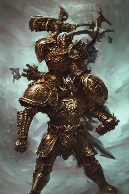 Prompt: full body portrait of a warrior knight, muscular, upper body, hero stance, Warhammer 40k, fantasy, intricate, elegant, highly detailed, digital painting, artstation, concept art, matte, sharp focus, illustration, art by Artgerm and Greg Rutkowski and Craig Mullins and Ross Tran