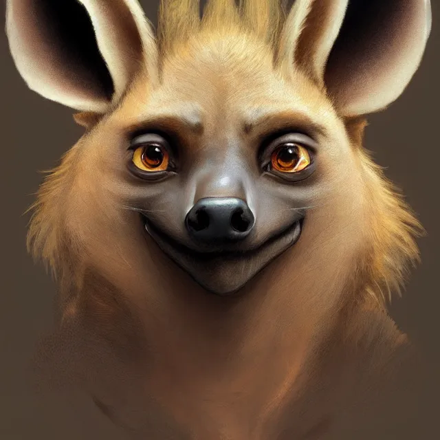 Image similar to a beautiful portrait of a cute anthropomorphic humanoid brown hyena fursona. big eyes. character design by cory loftis fenghua zhong ryohei hase isma