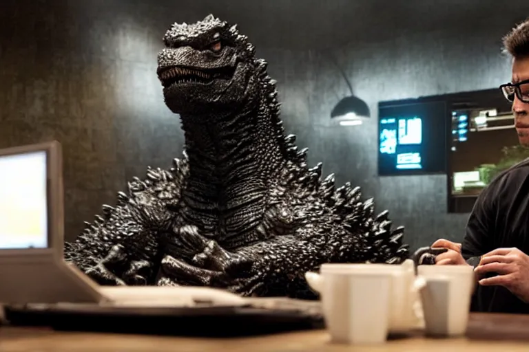 Prompt: godzilla sitting at a starbucks, having a cup of coffee, using glasses and a laptop, cinematic, epic lighting, still shot from the new godzilla movie