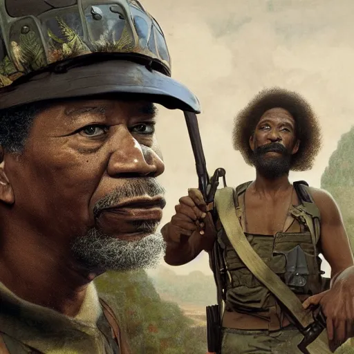 Image similar to an extremely detailed matte painting of a ridiculously good looking morgan freeman that looks like a jewish gigachad in the vietnam war, wearing a ballistic helmet from patton, long curly hair, camouflaged gear, very detailed, jungles of vietnam beautiful, intricate, cinematic, artstation, william bouguereau, alphonse mucha, greg rutkowski, stanley kubrick, octane render