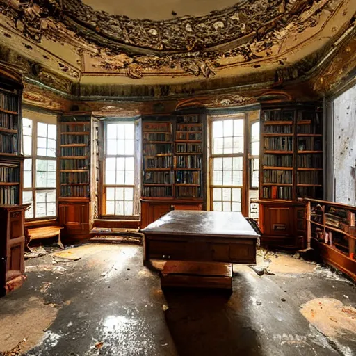Prompt: library inside an abandoned 19th century victorian mansion sunk in ocean