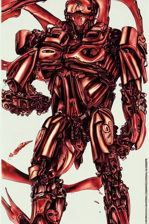 Image similar to beefy biomechanical soldier enhanced using a nanosuit with biological muscle under the armor plating, at dusk, a color cover illustration by tsutomu nihei, tetsuo hara and katsuhiro otomo