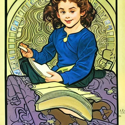 Prompt: a little girl with a mischievous face and short light brown curly wavy hair and blue eyes. she is reading a book. well composed, clean elegant painting, beautiful detailed face. by steve ditko and jack kirby and alphonse mucha