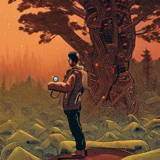 Image similar to Stunning 8k illustration of cyberpunk explorer holding his small circular robot friend in his hand, forest in background, highly detailed, by Victo Ngai and James Gilleard , Moebius, Laurie Greasley