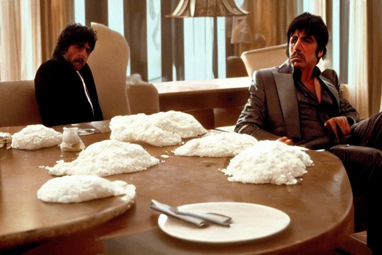 Image similar to tony montana from movie scarface 1 9 8 3 sitting at a big black oak table with big packages of flour. next to the night window. al pacino. perfect symmetric face, coherent eyes,, fine details, 4 k, ron cobb, cinestill