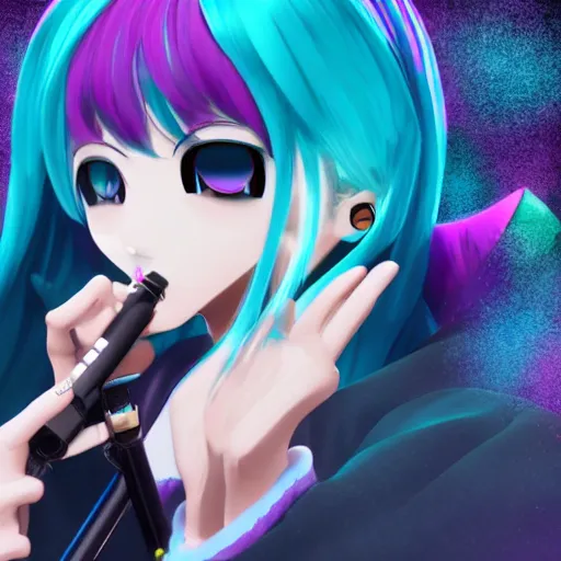 Prompt: hatsune miku smoking a vape pen, smoke coming out of her mouth, artstation, 4 k