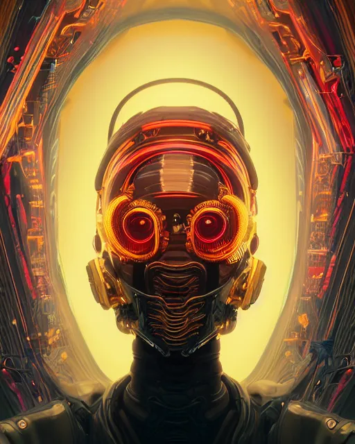 Image similar to portrait of a beautiful cyberpunk cyborg female wearing a ballistic face mask with brilliant gold flowing hair and bright red eyes, intricate abstract. intricate artwork. by Tooth Wu, wlop, beeple, dan mumford. octane render, trending on artstation, greg rutkowski very coherent symmetrical artwork. cinematic, hyper realism, high detail, octane render, 8k, iridescent accents