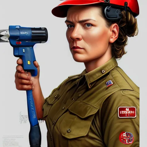 Image similar to epic portrait a slightly muscular woman wearing short sleeved uniform and carrying a red power tool drill, detailed, centered, digital painting, artstation, concept art, donato giancola, Joseph Christian Leyendecker, WLOP, Boris Vallejo, Breathtaking, 8k resolution, extremely detailed, beautiful, establishing shot, artistic, hyperrealistic, beautiful face, octane render