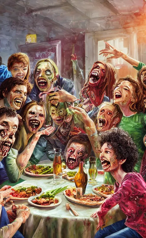 Prompt: beautiful detailed photorealistic painting of a group of friends dressed as zombies sitting down to a holiday dinner, laughing and talking. the friends are happy and having fun. vibrant, high quality, vibrant colors, very funny, beautiful, hq. hd. 4 k. award winning. trending on artstation