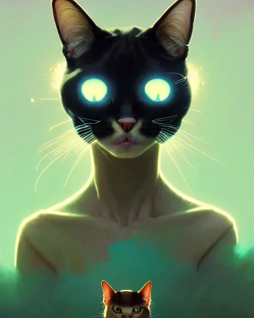 Image similar to portrait of humanoid cat, highly detailed vfx portrait, unreal engine, greg rutkowski, loish, rhads, beeple, makoto shinkai and lois van baarle, ilya kuvshinov, rossdraws, tom bagshaw, alphonse mucha, global illumination, detailed and intricate environment