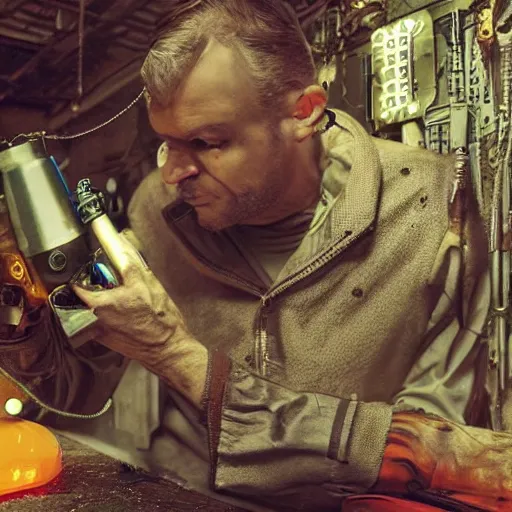 Prompt: balding older cyborg using jeweller's loupe with orange led light, inspecting complex gun made from rusted metal kitchen utensils, smoking soldering iron, dark messy cluttered workshop, highly detailed, sci - fi, futuristic, movie still from blade runner