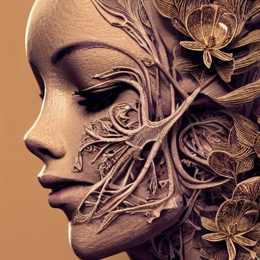 Image similar to beatifull frontal face portrait of a woman, 150 mm, anatomical, flesh, flowers, mandelbrot fractal, facial muscles, veins, arteries, symmetric, intricate, golden ratio, full frame, microscopic, elegant, highly detailed, ornate, ornament, sculpture, elegant , luxury, beautifully lit, ray trace, octane render in the style of peter Gric , alex grey and Romero Ressendi