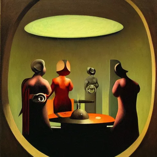 Image similar to three brutalist robotic seers watchers oracles soothsayers inside a dome, pj crook, grant wood, edward hopper, syd mead, chiaroscuro, oil on canvas