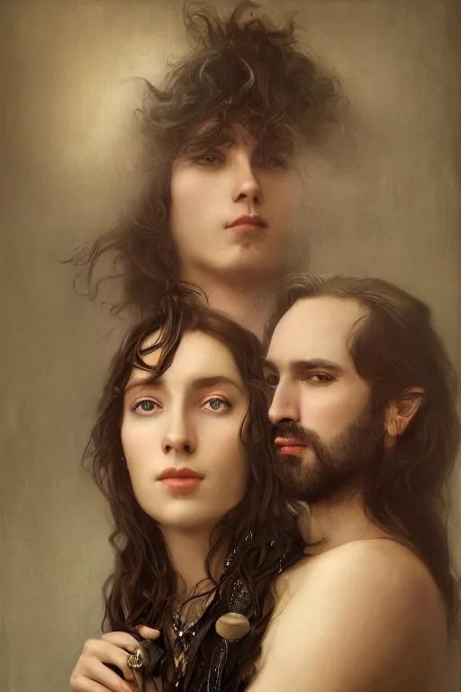 Image similar to a portrait of handsome young male rock star with long hair and his elegant beautiful bohemian wife, bored, illustration, dramatic lighting, soft details, painting oil on canvas, art nouveau, octane render, HDR, 4k, 8k, HD, by Edmund Blair Leighton, Brom, Charlie Bowater, trending on artstation, faces by Tom Bagshaw, Sargent