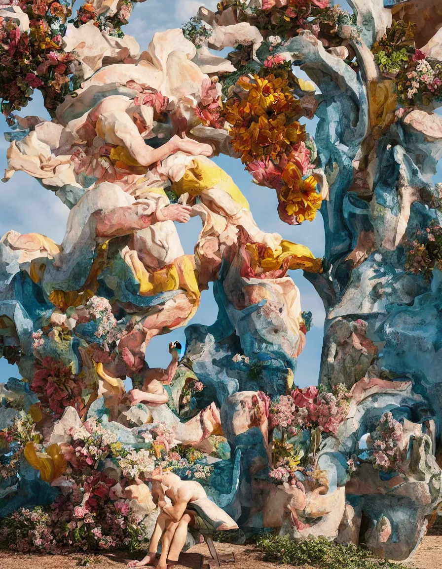 Image similar to a cowboy turning into blooms by slim aarons, by zhang kechun, by lynda benglis. tropical sea slugs, angular sharp tractor tires. complementary bold colors. warm soft volumetric dramatic light. national geographic. 8 k, rendered in octane. angular sculpture by antonio canova by gian lorenzo bernini.