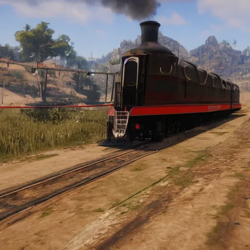 Image similar to futuristic sleek steam locomotive in red dead redemption 2