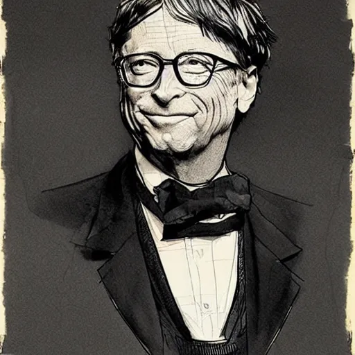 Image similar to Bill gates wearing victorian gown, drawn in the style of yoji shinkawa, extremely detailed, detailed and realistic face, fractal frame