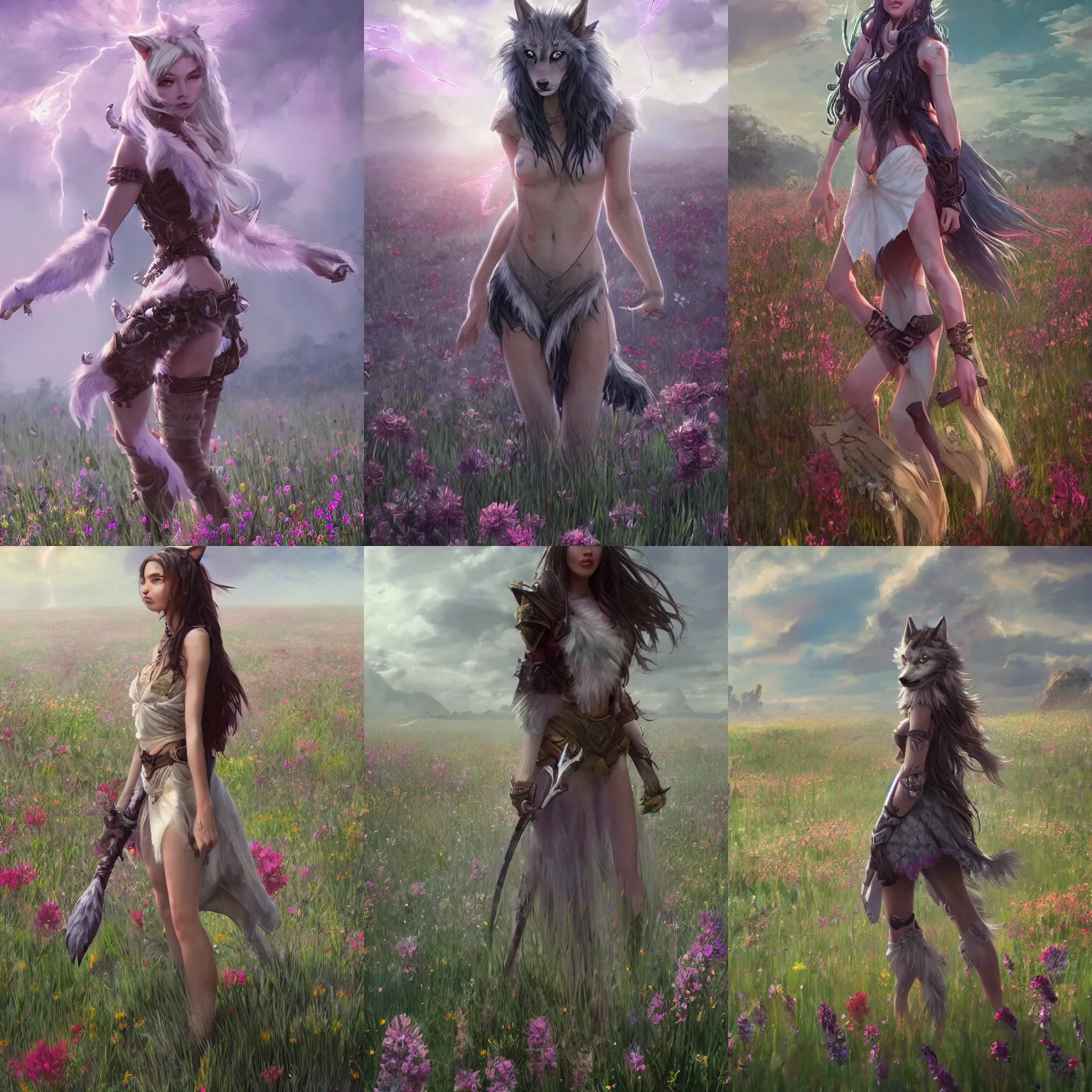 Prompt: A high fantasy wolf girl standing in the middle of the field of flowers, by Eddie Mendoza, cinematic portrait, thrilling, suspense, god rays, digitalized art, official media, beautiful, detailed, high quality, wallpaper 4K, epic, trending on artstation and behance, dynamic lightning