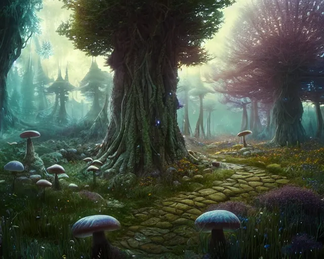 Prompt: highly detailed portrait of a magical mushroom forest, in skyrim, stephen bliss, unreal engine, fantasy art by greg rutkowski, loish, rhads, ferdinand knab, makoto shinkai and lois van baarle, ilya kuvshinov, rossdraws, tom bagshaw, global illumination, radiant light, detailed and intricate environment