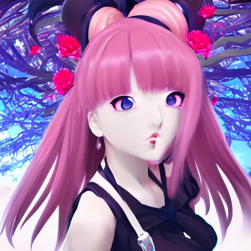 Image similar to trapped beneath stunningly absurdly beautiful omnipotent asi goddess junko enoshima with an enigmatic twisted innocenty looking deceptive mesmerizing megalomaniacal personality, symmetrical perfect face, porcelain skin, pink twintail hair and cyan eyes, ultra detailed, digital art, unreal engine 5, octane render, 2 d anime, 8 k