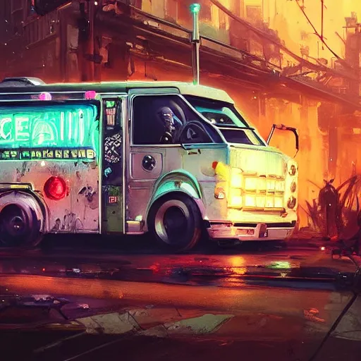 Image similar to a cyberpunk ice cream truck, black velvet painting, artwork by Greg Rutkowski, John Berkey, Alexander Jansson, Kuvshinov, WLOP, Artgerm, trending on ArtStationHD. octane render, greg rutkowski, hyper realism, high detail, octane render, vervia, 8k