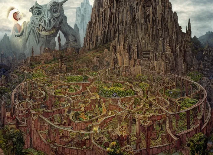 Prompt: jim henson's labyrinth an impossible maze filled with twisted turns a goblin city and a castle looming in the background by edgar maxence and caravaggio and michael whelan and delacroix style, artistic, intricate painting, cinematic lighting, hyper realistic, extremely detailed, vivid colors, establishing shot, dramatic lighting