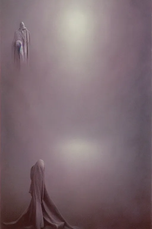 Image similar to hyper realistic painting of the eerie fog, ghost, creepy atmosphere, unnerving brushstrokes wayne barlowe, beksinski, hr giger, austin osman spare, bussiere