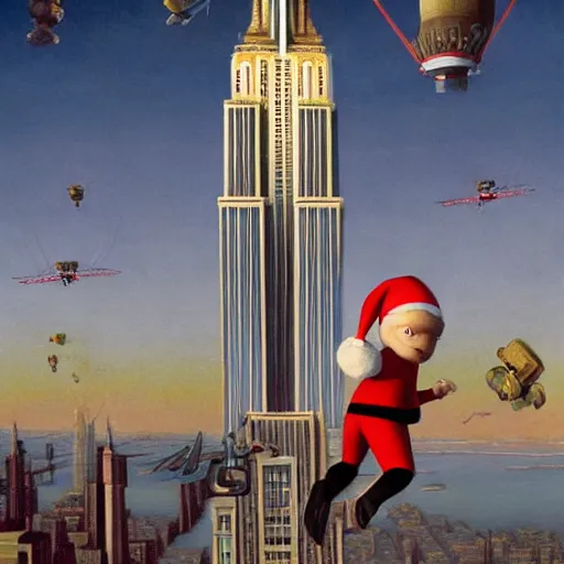 Image similar to Jetpack Santa flying past the empire state building greg rutkowski giorgio de chirico john currin clarence holbrook carter mark ryden simon stalenhag