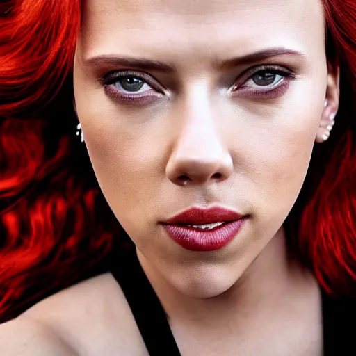 Image similar to close - up photo still of scarlett johansson black widow looking off into the distance, long red hair, black dress, golden hour, photorealistic, ultra detailed, intricate, natural light falling on her face. the focus is on her eyes and brows, fujifilm x - pro 2, by annie leibowitz