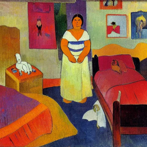 Prompt: representation of a modern girl in her room in the style of Paul Gauguin, French artist