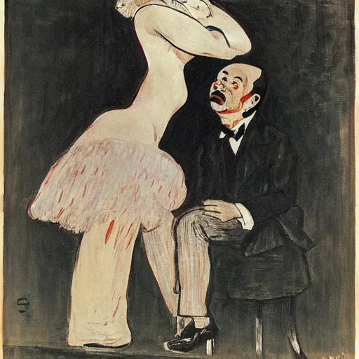 Prompt: Dutch masters Edith Piaf Vladimir Lenin performing at a cabaret in drag Toulouse Lautrec Nancy pelosi weeping
