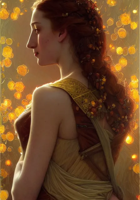 Prompt: portrait of sansa stark gold lights autumn berries roses, intricate, elegant, highly detailed, digital painting, artstation, concept art, smooth, sharp focus, illustration, art by artgerm and greg rutkowski and alphonse mucha and william - adolphe bouguereau