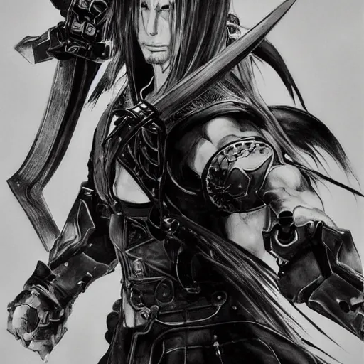 Image similar to cinematic portrait of sephiroth, artwork by yoji shinkawa, illustration, black and white, concept art, strong lines,, intricate details, trending on artstation