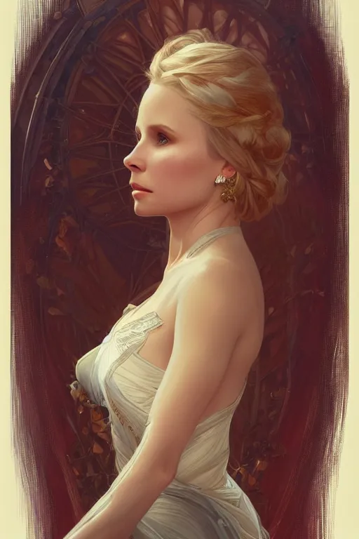 Image similar to beautiful Kristen Bell, intricate, elegant, highly detailed, digital painting, artstation, concept art, smooth, sharp, focus, illustration, art by artgerm and greg rutkowski and alphonse mucha